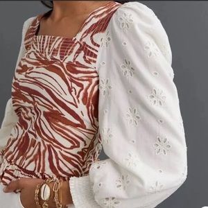 Anthropologie love the label smocked eyelet sleeve blouse size xs